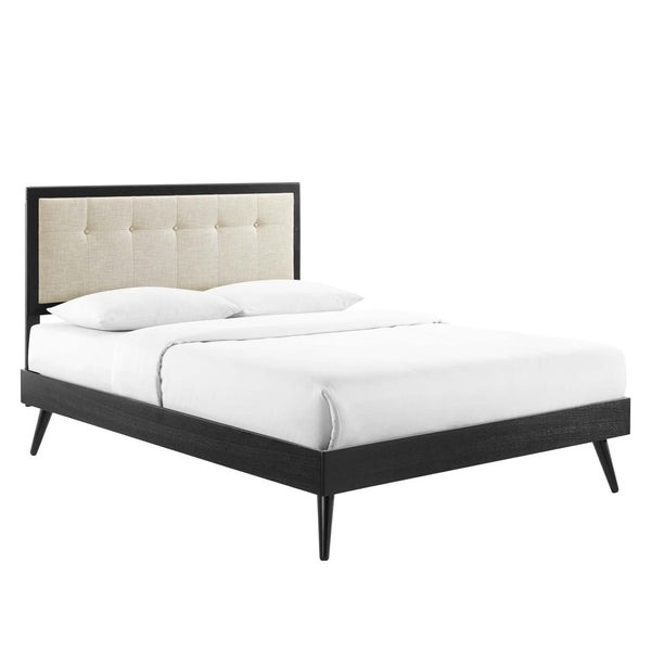 Modway Furniture Willow Wood Queen Platform Bed with Upholstered Headboard – Mid-Century Modern Design & Comfort Black Beige MOD-6385-BLK-BEI