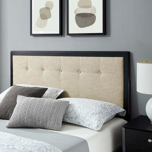 Modway Furniture Willow Wood Queen Platform Bed with Upholstered Headboard – Mid-Century Modern Design & Comfort Black Beige MOD-6385-BLK-BEI