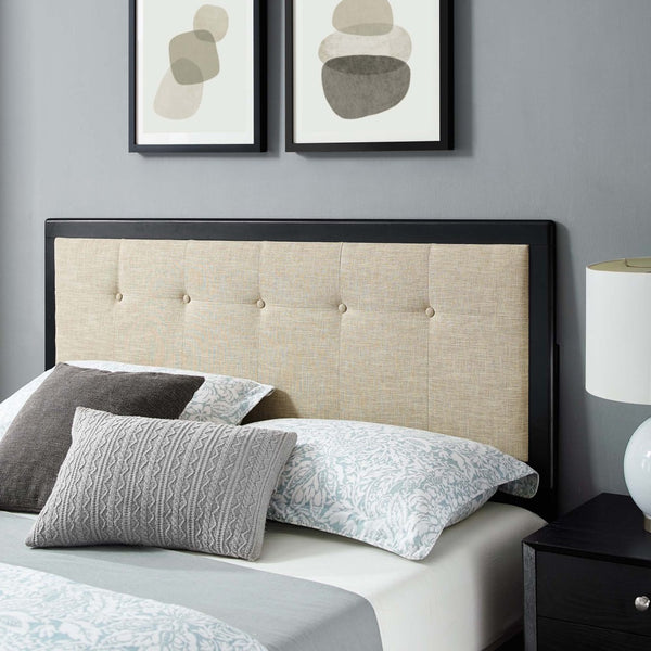 Modway Furniture Willow Wood Queen Platform Bed with Upholstered Headboard – Mid-Century Modern Design & Comfort Black Beige MOD-6385-BLK-BEI