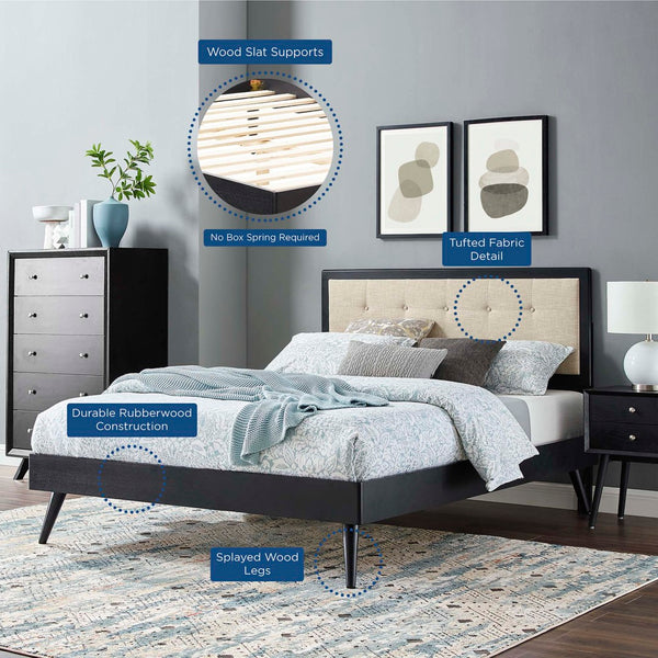 Modway Furniture Willow Wood Queen Platform Bed with Upholstered Headboard – Mid-Century Modern Design & Comfort Black Beige MOD-6385-BLK-BEI