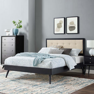 Modway Furniture Willow Wood Queen Platform Bed with Upholstered Headboard – Mid-Century Modern Design & Comfort Black Beige MOD-6385-BLK-BEI