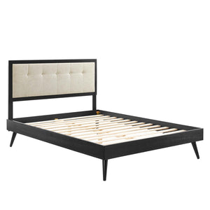 Modway Furniture Willow Wood Queen Platform Bed with Upholstered Headboard – Mid-Century Modern Design & Comfort Black Beige MOD-6385-BLK-BEI
