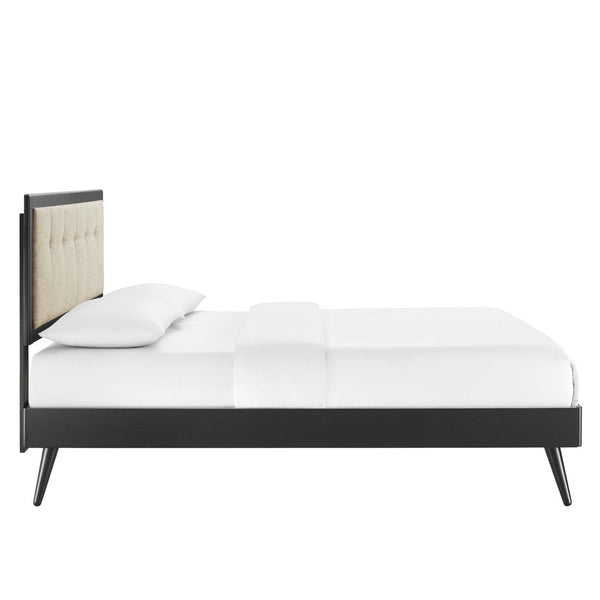 Modway Furniture Willow Wood Queen Platform Bed with Upholstered Headboard – Mid-Century Modern Design & Comfort Black Beige MOD-6385-BLK-BEI