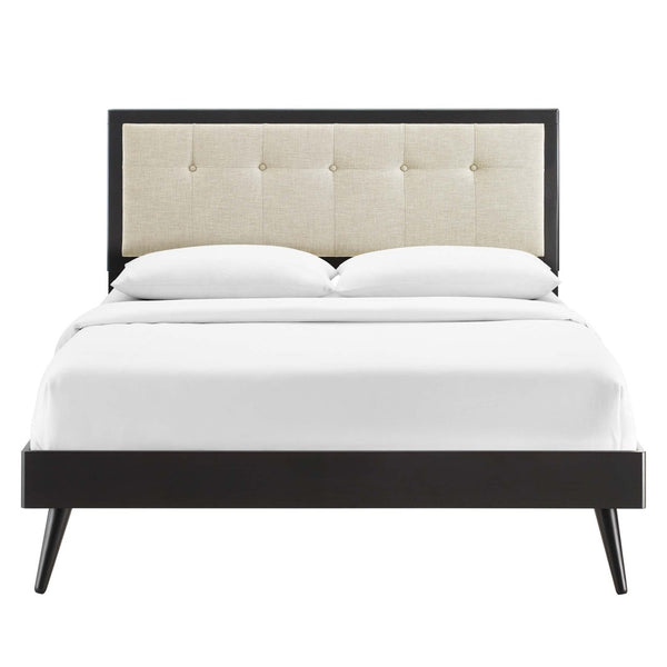 Modway Furniture Willow Wood Queen Platform Bed with Upholstered Headboard – Mid-Century Modern Design & Comfort Black Beige MOD-6385-BLK-BEI
