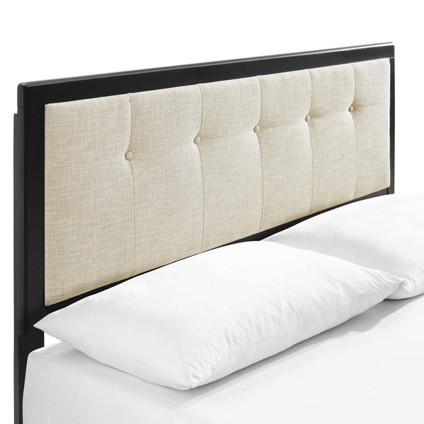 Modway Furniture Willow Wood Queen Platform Bed with Upholstered Headboard – Mid-Century Modern Design & Comfort Black Beige MOD-6385-BLK-BEI