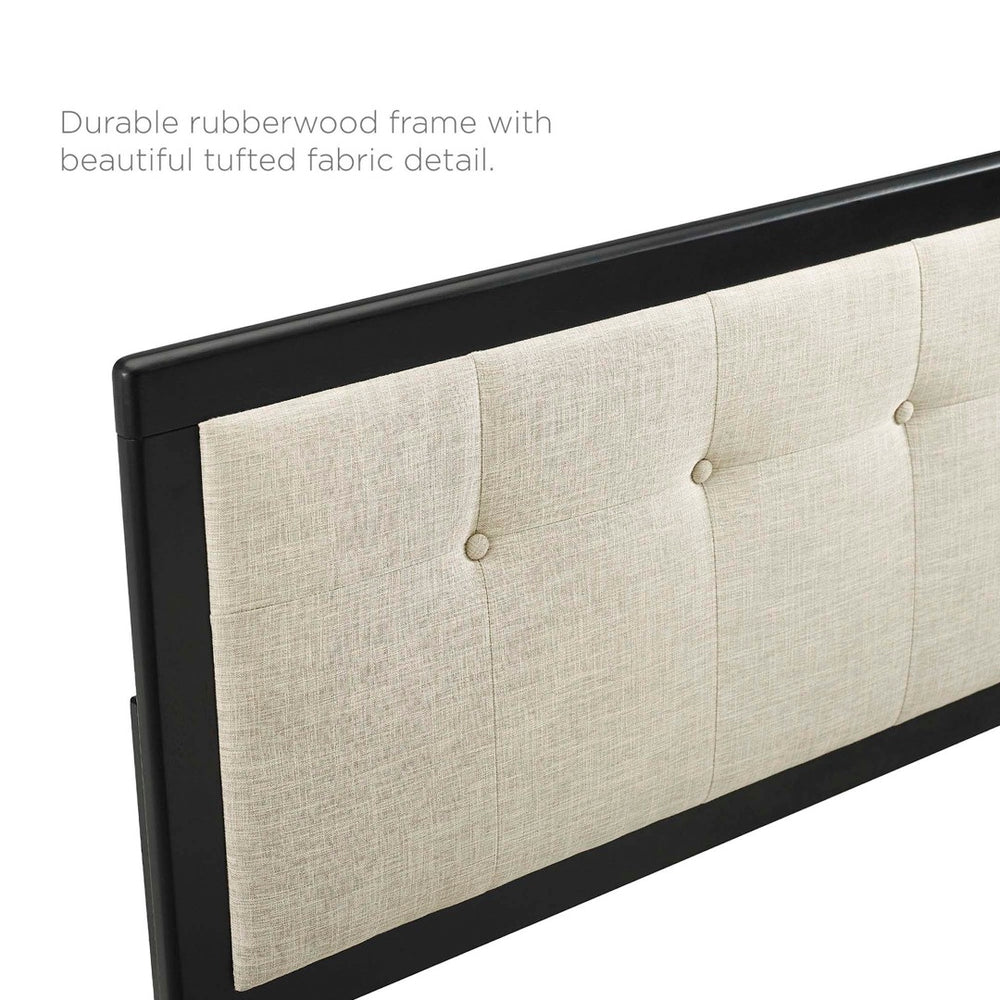 Modway Furniture Willow Wood Queen Platform Bed with Upholstered Headboard – Mid-Century Modern Design & Comfort Black Beige MOD-6385-BLK-BEI