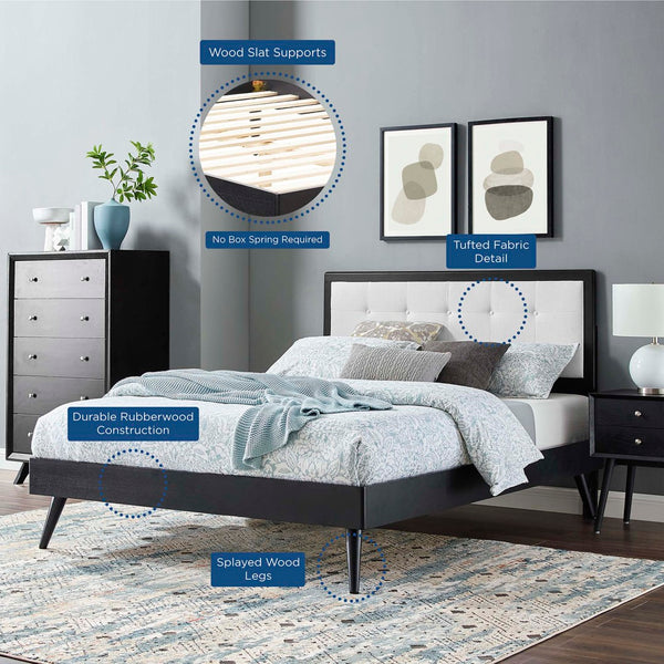 Modway Furniture Willow Wood Queen Platform Bed with Upholstered Headboard – Mid-Century Modern Design & Comfort Black White MOD-6385-BLK-WHI