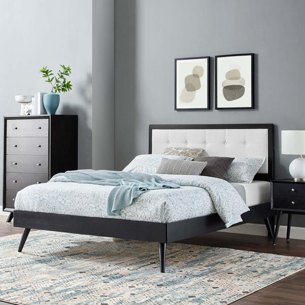 Modway Furniture Willow Wood Queen Platform Bed with Upholstered Headboard – Mid-Century Modern Design & Comfort Black White MOD-6385-BLK-WHI