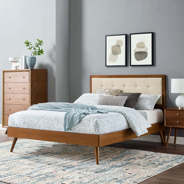 Modway Furniture Willow Wood Queen Platform Bed with Upholstered Headboard – Mid-Century Modern Design & Comfort Walnut Beige MOD-6385-WAL-BEI