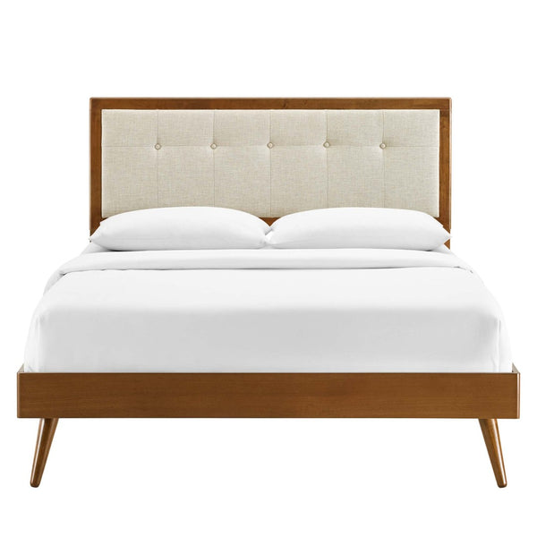 Modway Furniture Willow Wood Queen Platform Bed with Upholstered Headboard – Mid-Century Modern Design & Comfort Walnut Beige MOD-6385-WAL-BEI