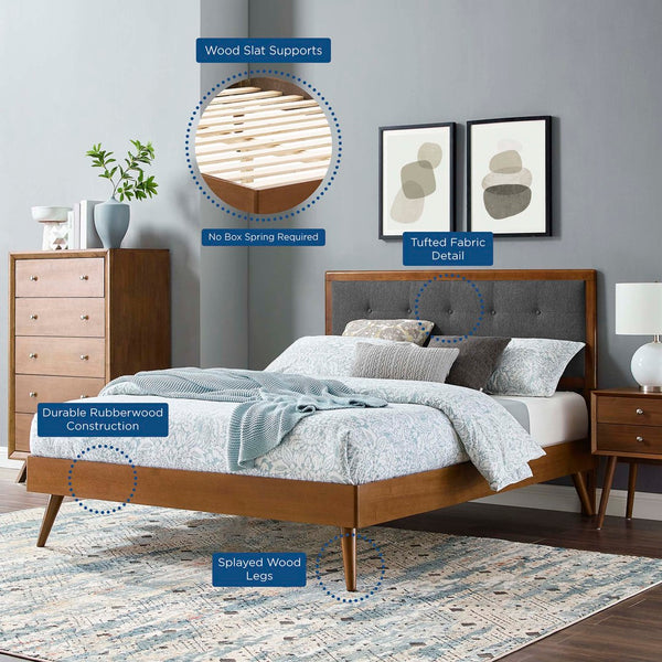 Modway Furniture Willow Wood Queen Platform Bed with Upholstered Headboard – Mid-Century Modern Design & Comfort Walnut Charcoal MOD-6385-WAL-CHA