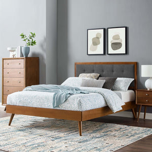 Modway Furniture Willow Wood Queen Platform Bed with Upholstered Headboard – Mid-Century Modern Design & Comfort Walnut Charcoal MOD-6385-WAL-CHA