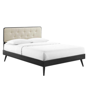 Modway Furniture Bridgette Queen Platform Bed – Mid-Century Modern Upholstered Design with Sturdy Wood Support System Black Beige MOD-6388-BLK-BEI