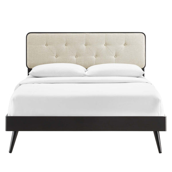 Modway Furniture Bridgette Queen Platform Bed – Mid-Century Modern Upholstered Design with Sturdy Wood Support System Black Beige MOD-6388-BLK-BEI
