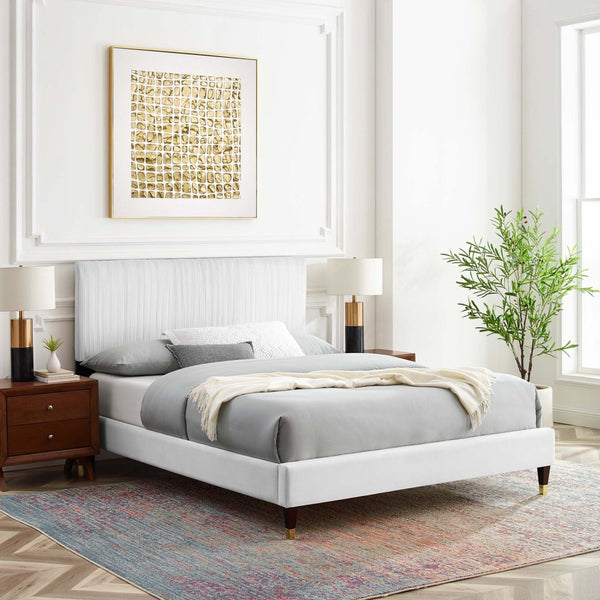 Modway Furniture Peyton Channel Tufted Performance Velvet Queen Platform Bed – Luxe Design, Sturdy & Stylish Comfort MOD-6596-WHI