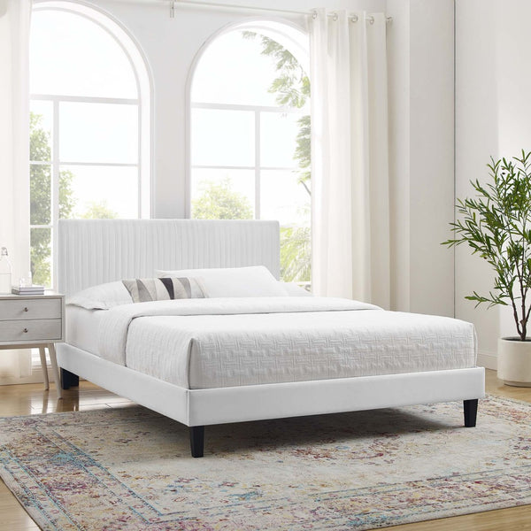Modway Furniture Peyton Performance Velvet Queen Platform Bed - Luxe Channel-Tufted Headboard, Sturdy Support & Style MOD-6597-WHI