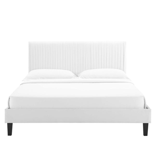 Modway Furniture Peyton Performance Velvet Queen Platform Bed - Luxe Channel-Tufted Headboard, Sturdy Support & Style MOD-6597-WHI