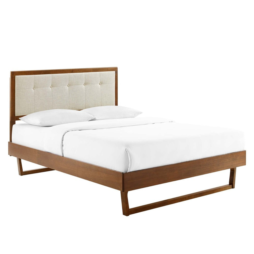 Modway Furniture Willow Wood King Platform Bed - Mid-Century Modern Design with Tufted Headboard & Solid Support Walnut Beige MOD-6635-WAL-BEI