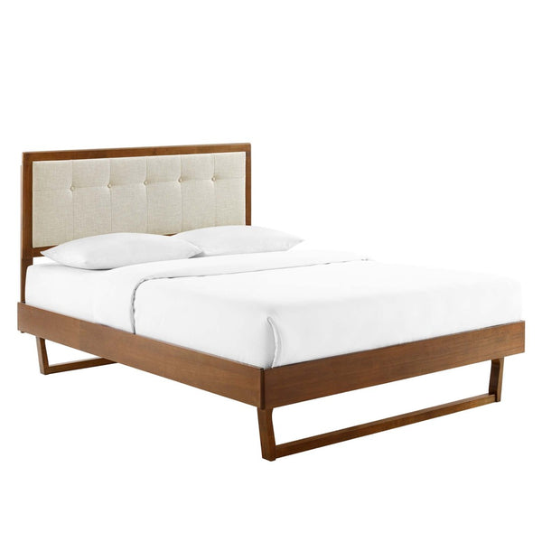 Modway Furniture Willow Wood King Platform Bed - Mid-Century Modern Design with Tufted Headboard & Solid Support Walnut Beige MOD-6635-WAL-BEI