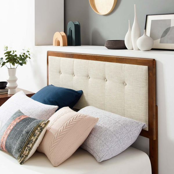 Modway Furniture Willow Wood King Platform Bed - Mid-Century Modern Design with Tufted Headboard & Solid Support Walnut Beige MOD-6635-WAL-BEI