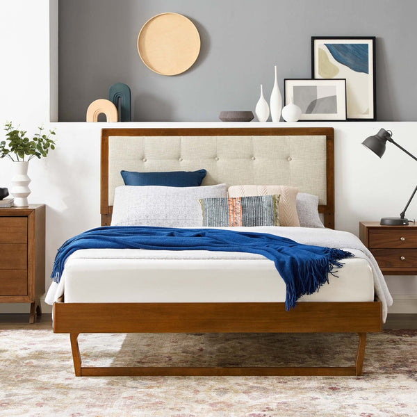 Modway Furniture Willow Wood King Platform Bed - Mid-Century Modern Design with Tufted Headboard & Solid Support Walnut Beige MOD-6635-WAL-BEI
