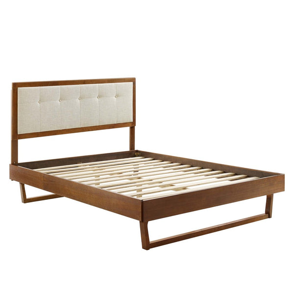Modway Furniture Willow Wood King Platform Bed - Mid-Century Modern Design with Tufted Headboard & Solid Support Walnut Beige MOD-6635-WAL-BEI