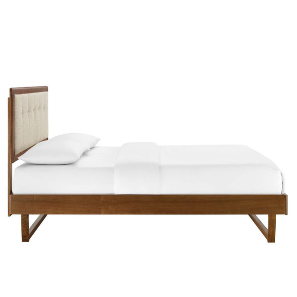 Modway Furniture Willow Wood King Platform Bed - Mid-Century Modern Design with Tufted Headboard & Solid Support Walnut Beige MOD-6635-WAL-BEI