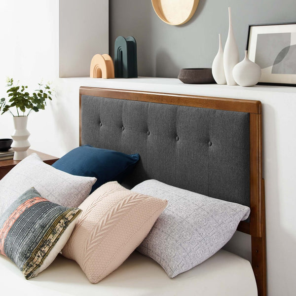 Modway Furniture Willow Wood King Platform Bed - Mid-Century Modern Design with Tufted Headboard & Solid Support Walnut Charcoal MOD-6635-WAL-CHA