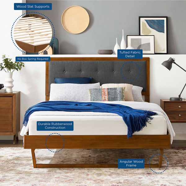 Modway Furniture Willow Wood King Platform Bed - Mid-Century Modern Design with Tufted Headboard & Solid Support Walnut Charcoal MOD-6635-WAL-CHA