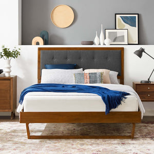 Modway Furniture Willow Wood King Platform Bed - Mid-Century Modern Design with Tufted Headboard & Solid Support Walnut Charcoal MOD-6635-WAL-CHA