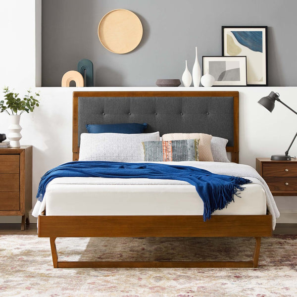 Modway Furniture Willow Wood King Platform Bed - Mid-Century Modern Design with Tufted Headboard & Solid Support Walnut Charcoal MOD-6635-WAL-CHA