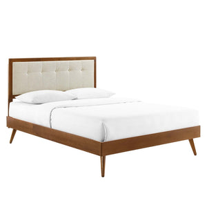 Modway Furniture Willow Wood Full Platform Bed with Button-Tufted Headboard and Splayed Rubberwood Legs for Stability Walnut Beige MOD-6637-WAL-BEI