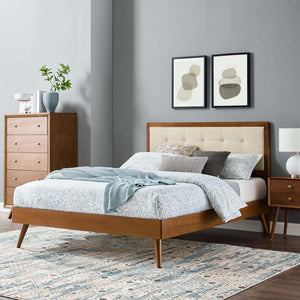 Modway Furniture Willow Wood Full Platform Bed with Button-Tufted Headboard and Splayed Rubberwood Legs for Stability Walnut Beige MOD-6637-WAL-BEI