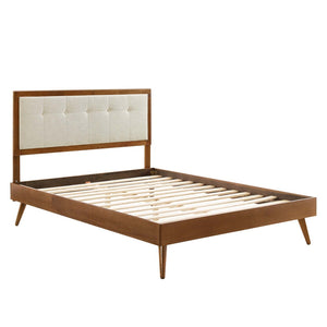 Modway Furniture Willow Wood Full Platform Bed with Button-Tufted Headboard and Splayed Rubberwood Legs for Stability Walnut Beige MOD-6637-WAL-BEI