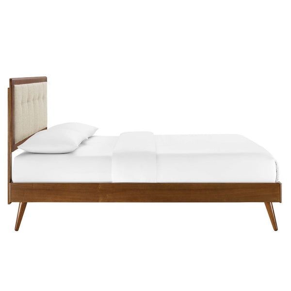 Modway Furniture Willow Wood Full Platform Bed with Button-Tufted Headboard and Splayed Rubberwood Legs for Stability Walnut Beige MOD-6637-WAL-BEI