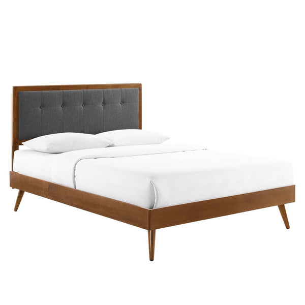 Modway Furniture Willow Wood Full Platform Bed with Button-Tufted Headboard and Splayed Rubberwood Legs for Stability Walnut Charcoal MOD-6637-WAL-CHA
