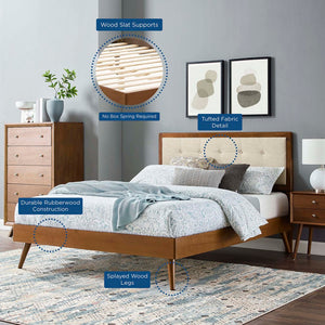 Modway Furniture Willow King Platform Bed - Mid-Century Modern Design with Button-Tufted Headboard & Splayed Legs Walnut Beige MOD-6638-WAL-BEI
