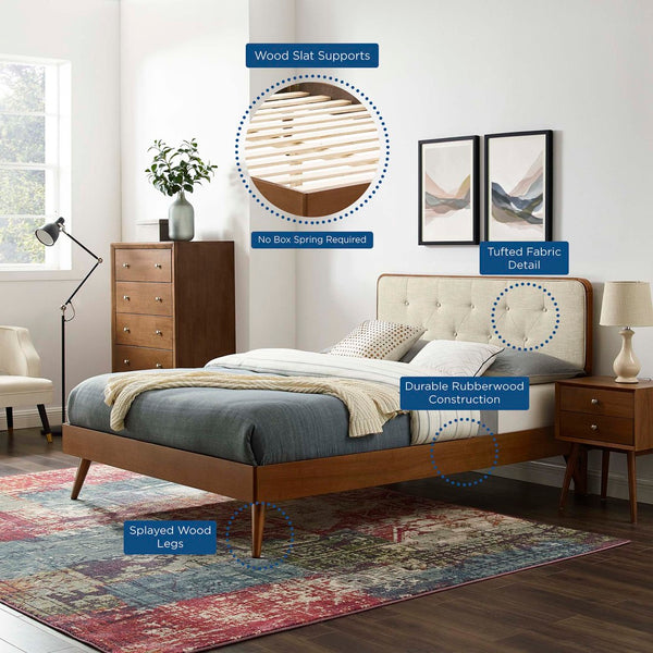 Modway Furniture Bridgette King Platform Bed with Elegant Button-Tufted Headboard and Splayed Rubberwood Legs Walnut Beige MOD-6647-WAL-BEI