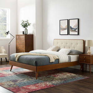 Modway Furniture Bridgette Twin Platform Bed - Mid-Century Modern Design with Button-Tufted Headboard and Slats Walnut Beige MOD-6648-WAL-BEI