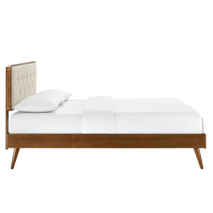 Modway Furniture Bridgette Twin Platform Bed - Mid-Century Modern Design with Button-Tufted Headboard and Slats Walnut Beige MOD-6648-WAL-BEI