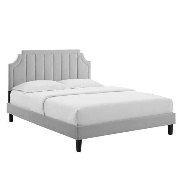 Modway Furniture Sienna Performance Velvet Queen Platform Bed - Luxurious Stain-Resistant Glam Deco Design Upgrade Light Gray MOD-6714-LGR