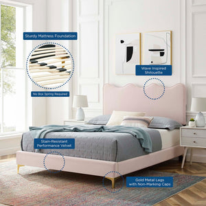 Modway Furniture Current Performance Velvet Twin Platform Bed - Coastal Elegance, Stain-Resistant, Gold Legs, 800 lbs Capacity MOD-6727-PNK