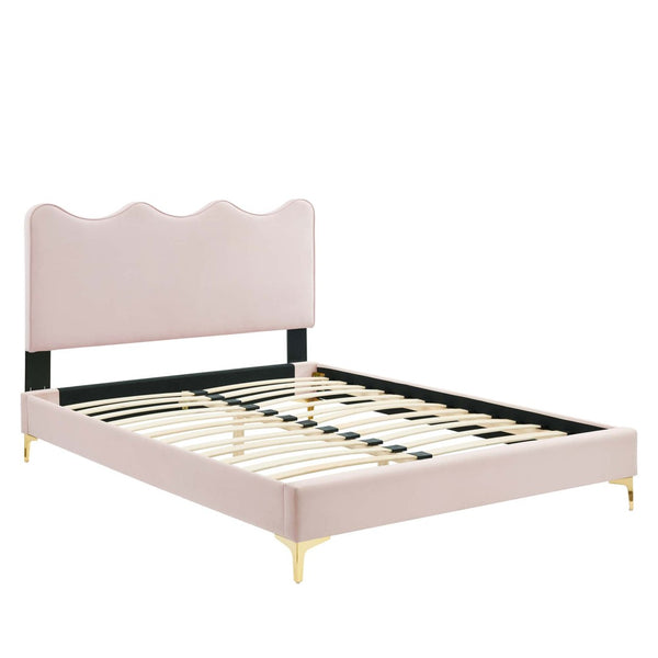 Modway Furniture Current Performance Velvet Twin Platform Bed - Coastal Elegance, Stain-Resistant, Gold Legs, 800 lbs Capacity MOD-6727-PNK