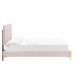 Modway Furniture Current Performance Velvet Twin Platform Bed - Coastal Elegance, Stain-Resistant, Gold Legs, 800 lbs Capacity MOD-6727-PNK