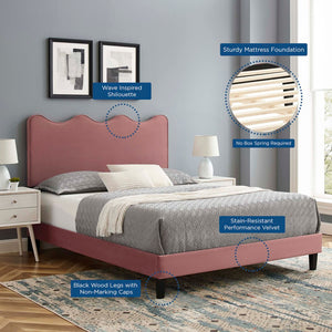 Modway Furniture Current Performance Velvet Twin Platform Bed - Coastal-Inspired Elegance with Durable Comfort & Style Dusty Rose MOD-6729-DUS