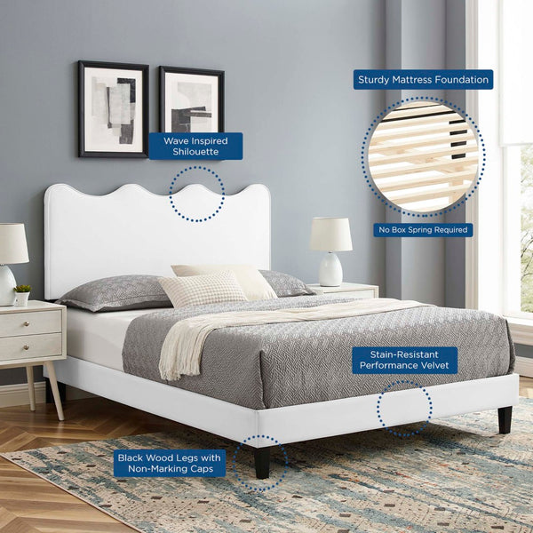 Modway Furniture Current Performance Velvet Twin Platform Bed - Coastal-Inspired Elegance with Durable Comfort & Style White MOD-6729-WHI