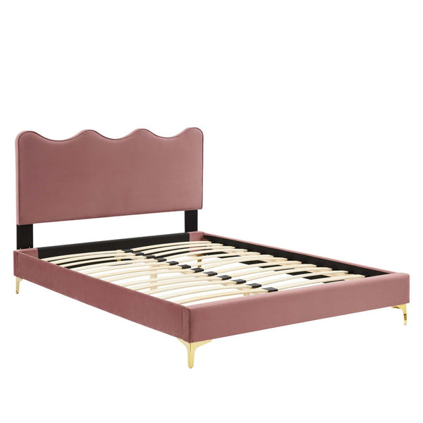 Modway Furniture Current Performance Velvet Full Platform Bed - Stylish Scalloped Headboard with Gold Legs for Modern Rooms Dusty Rose MOD-6730-DUS