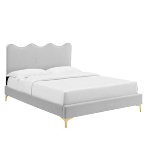 Modway Furniture Current Performance Velvet Full Platform Bed - Stylish Scalloped Headboard with Gold Legs for Modern Rooms Light Gray MOD-6730-LGR