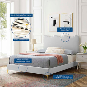 Modway Furniture Current Performance Velvet Full Platform Bed - Stylish Scalloped Headboard with Gold Legs for Modern Rooms Light Gray MOD-6730-LGR