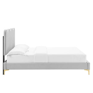 Modway Furniture Current Performance Velvet Full Platform Bed - Stylish Scalloped Headboard with Gold Legs for Modern Rooms Light Gray MOD-6730-LGR